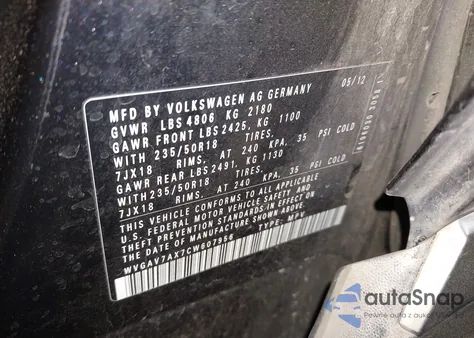 2012 Volkswagen Tiguan Se z USA, uszkodzony, nr VIN WVGAV7AX7CW607956